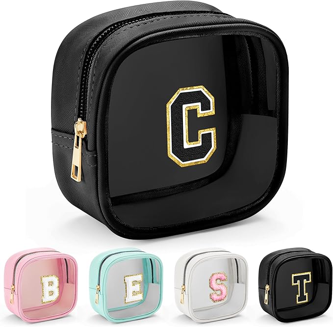 YOOLIFE Initial Makeup Bag Travel Toiletry Bag, Clear Makeup Bag Car Accessories For Women Clear Makeup Bags With Zipper Girlfriend Teacher 7 Year Old Girl Gifts Daughter Gifts Girl Gifts Mini Black C-FemmiqueWomen