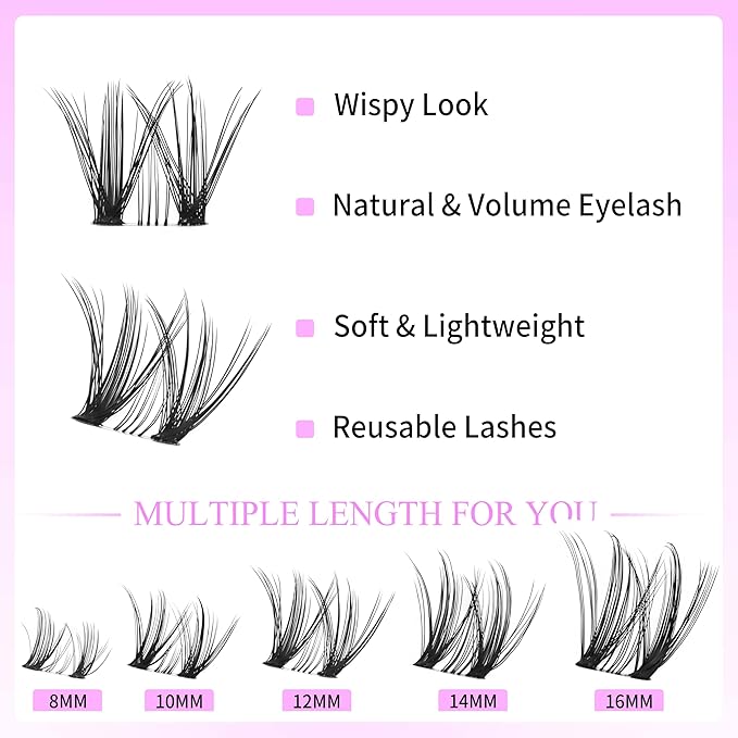 VEYESBEAUTY Lash Clusters Eyelash Extensions Thin & Invisible Band DIY Individual False Eyelashes Newbie's Five-Second Series Wispy Lash Tray for Self-application, Whisper Lashes 8-16mm Mixed Length-FemmiqueWomen