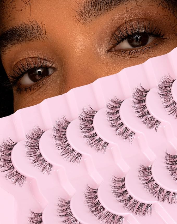 Wispy lashes natural look false eyelashes C curl fake lashes 3d Fluffy eye lashes clear band lashes Pack 7 Pairs-FemmiqueWomen
