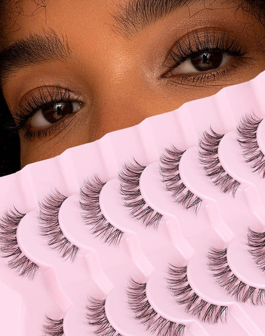 Wispy lashes natural look false eyelashes C curl fake lashes 3d Fluffy eye lashes clear band lashes Pack 7 Pairs-FemmiqueWomen