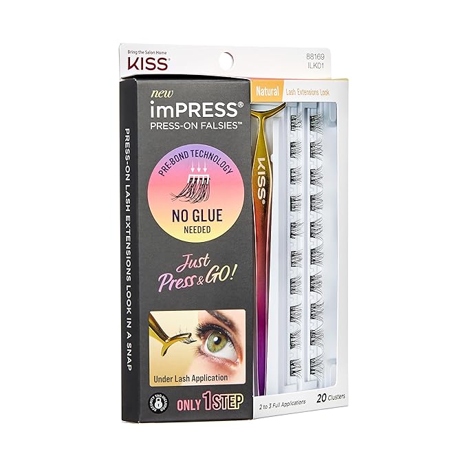 KISS imPRESS Falsies Press On Self Adhesive Eyelashes, 12mm-14mm Natural Volume Press On Lashes, Black, No Glue Needed, Invisible Band, 20 Lash Clusters & Non-Stick Applicator - Natural-FemmiqueWomen