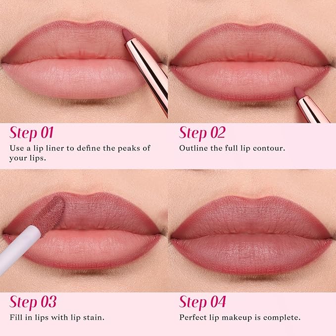 2 PCS Lip Liner and Lip Stain Combo Set, High Pigmented Long Lasting Velvet Lip Tint, Well-Defined Lipliner, Weightless Waterproof Not Animal Tested, Matte Finish Makeup-FemmiqueWomen