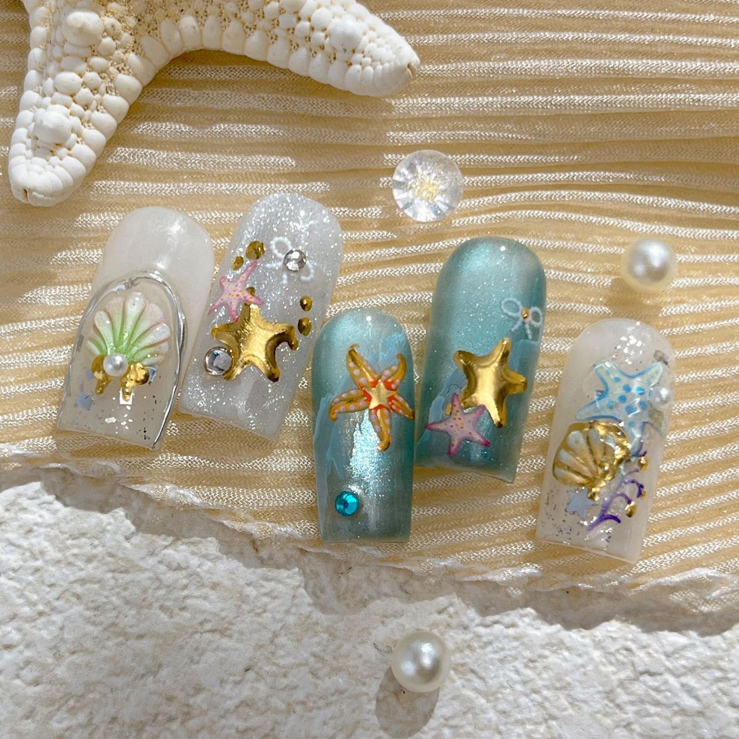 1 Sheets Summer Beach Nail Decals for Nail Art Gold Seashell Starfish Nail Stickers with Diamond Designs Coral Conch Bow Nail Art Stickers 5D Self-Adhesive Ocean Nail Design Supplies for Women-FemmiqueWomen
