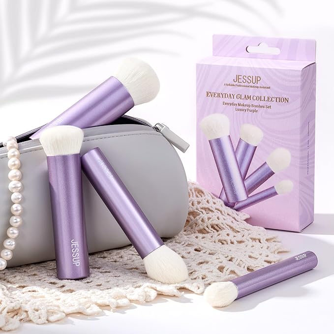Jessup Makeup Brushes Set 4pcs Face Kabuki Brush for Foundation Contour Powder Blush Bronzer and Highlighter, Premium Synthetic Fiber Cruelty-Free, Luxury Purple T517-FemmiqueWomen