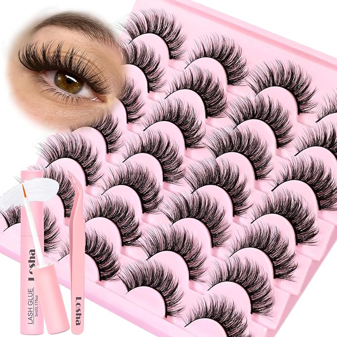 Losha Lashes Wispy False Eyelashes Natural Cat Eye Lashes Kit with Lash Glue and Lash Tweezers 14 Pairs Short Fake Eyelashes Soft Thin Faux Mink Lashes Pack (Lighter)-FemmiqueWomen