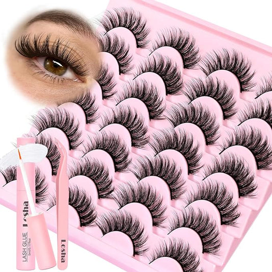Losha Lashes Wispy False Eyelashes Natural Cat Eye Lashes Kit with Lash Glue and Lash Tweezers 14 Pairs Short Fake Eyelashes Soft Thin Faux Mink Lashes Pack (Lighter)-FemmiqueWomen