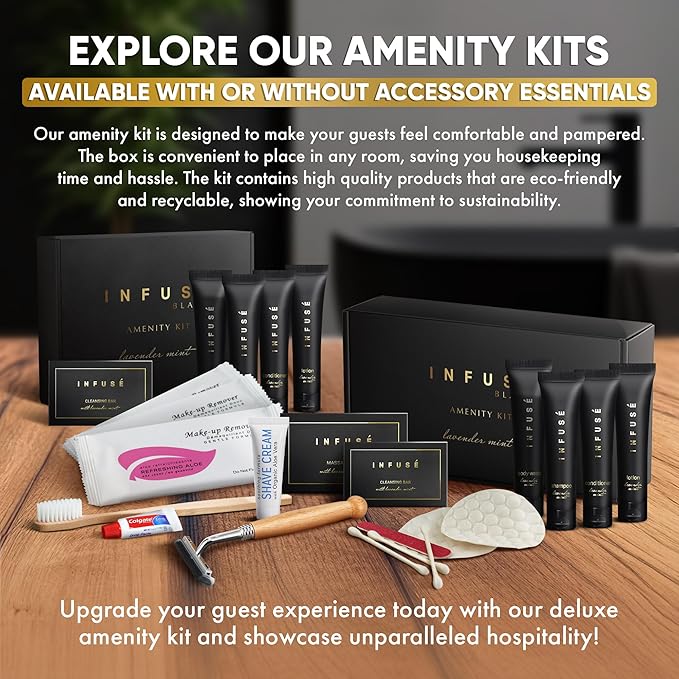 Infuse Black Amenity Kit | Boxed Hotel Toiletries | Bulk Set 1 oz Travel Size Shampoo, Conditioner, Lotion, Body Wash & Cleansing Bar for Guest Hospitality AirBnB/Vacation Rentals | 75 Pieces-FemmiqueWomen