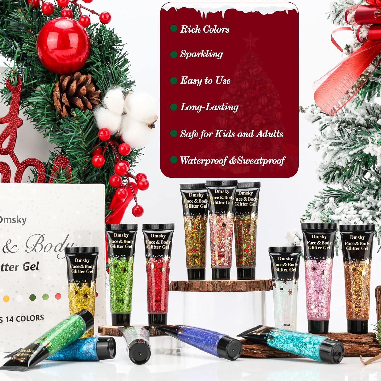 14 Colors Body Glitter,Face Glitter Makeup for Kids Women,Sparkly Chunky Hair Glitter for Eye Lip Nails,Mardi Gras Glitter Makeup Face Paint,Singer Concerts Disco Rave Festival Accessories-Christmas-FemmiqueWomen