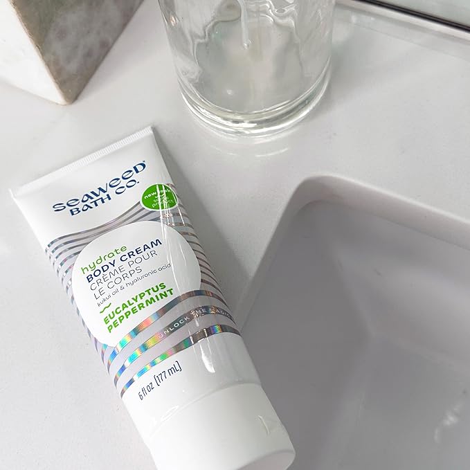 Seaweed Bath Co. Hydrate Body Cream, Eucalyptus Peppermint Scent, 6 Ounce, Nourishing Hand & Body Lotion Moisturizer for Dry Skin, with Sustainably Harvested Seaweed, Kukui Oil, Hyaluronic Acid-FemmiqueWomen