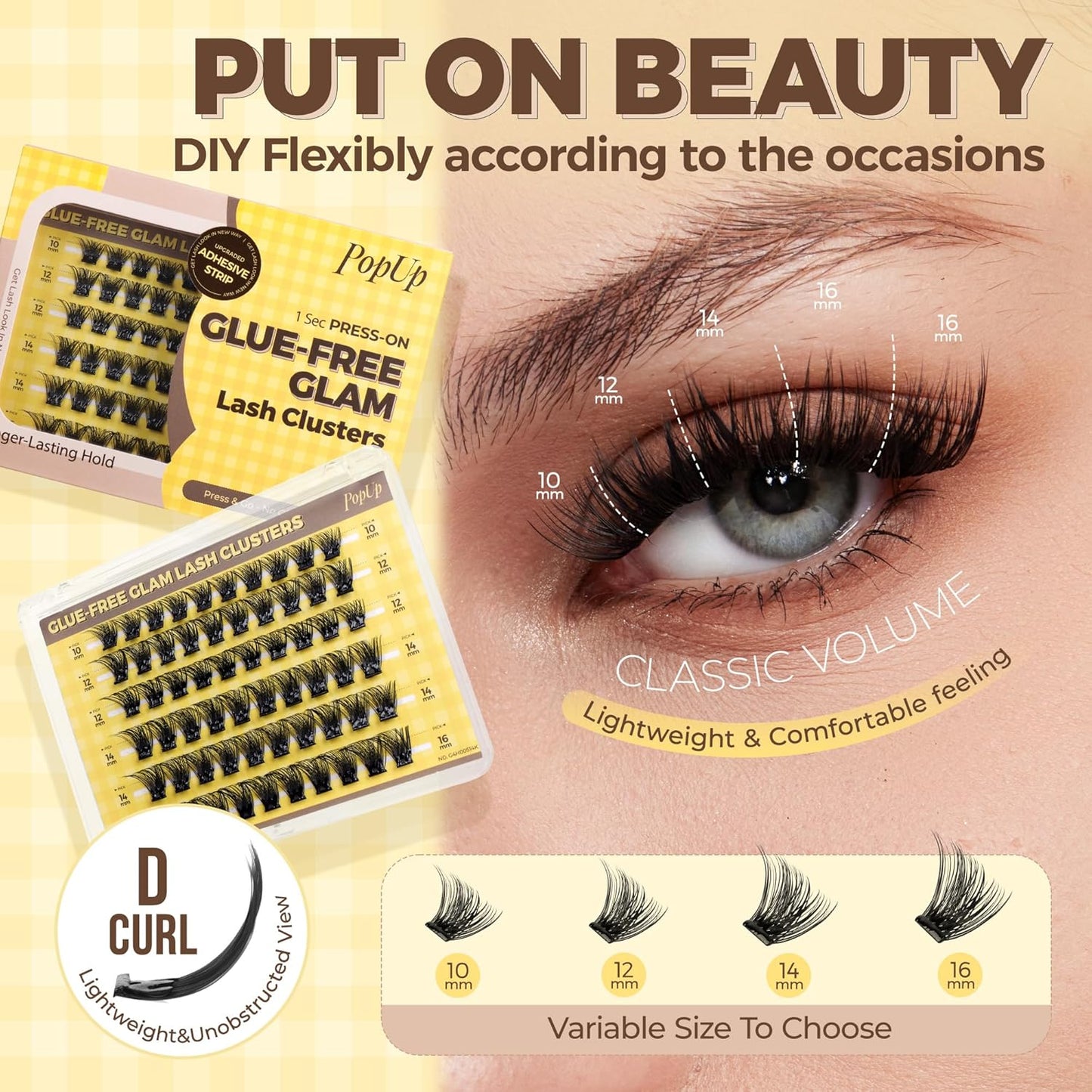 PopUp Self Adhesive Eyelashes Clusters, Press On Lashes Pre Glued Eyelash Extension Kit with Lash Tweezer,10-16mm No Glue No Remover Needed Self Adhesive Lashes Clusters CT50-FemmiqueWomen