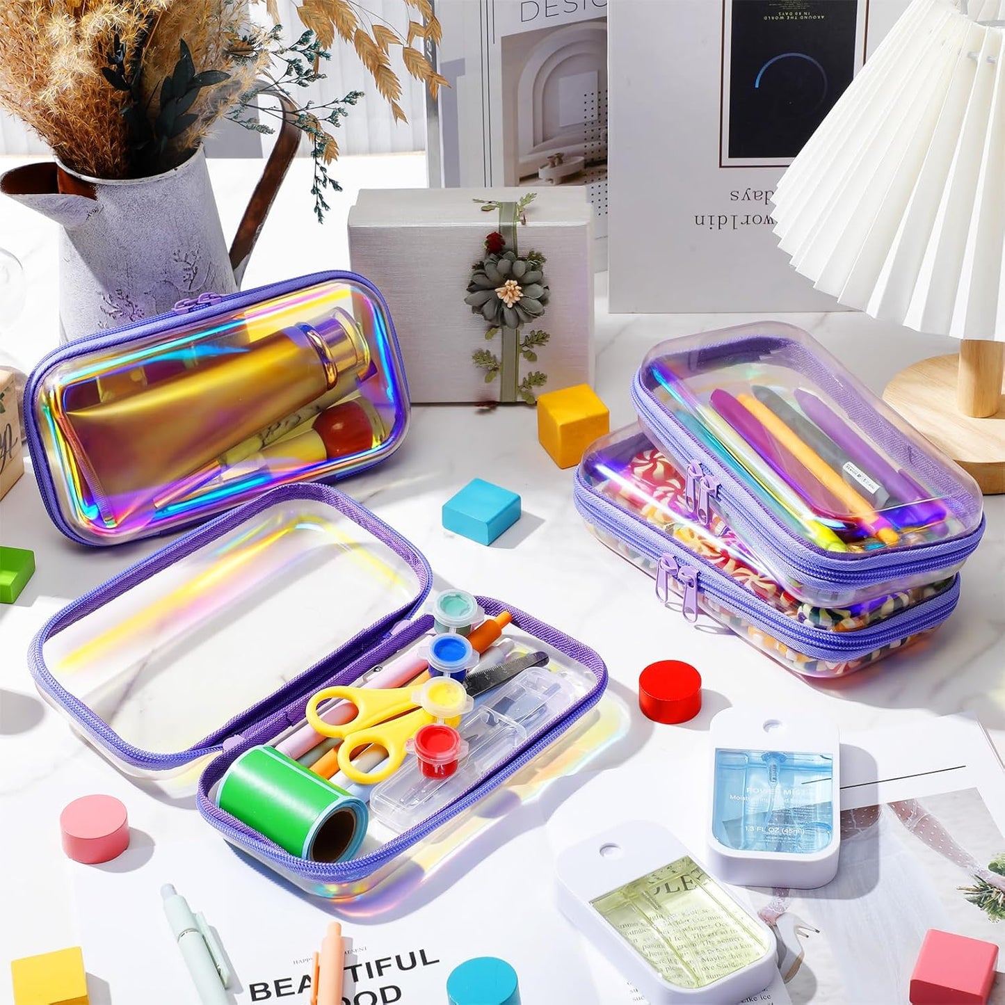 Hoolerry 4 Pcs Hard Clear Zipper Case Makeup Bags Plastic Pencil Pouch Transparent Storage Box Containers for Cosmetics, Snacks, Building Blocks, Puzzles(Purple Laser,7.5 x 3.9 x 2 in)-FemmiqueWomen