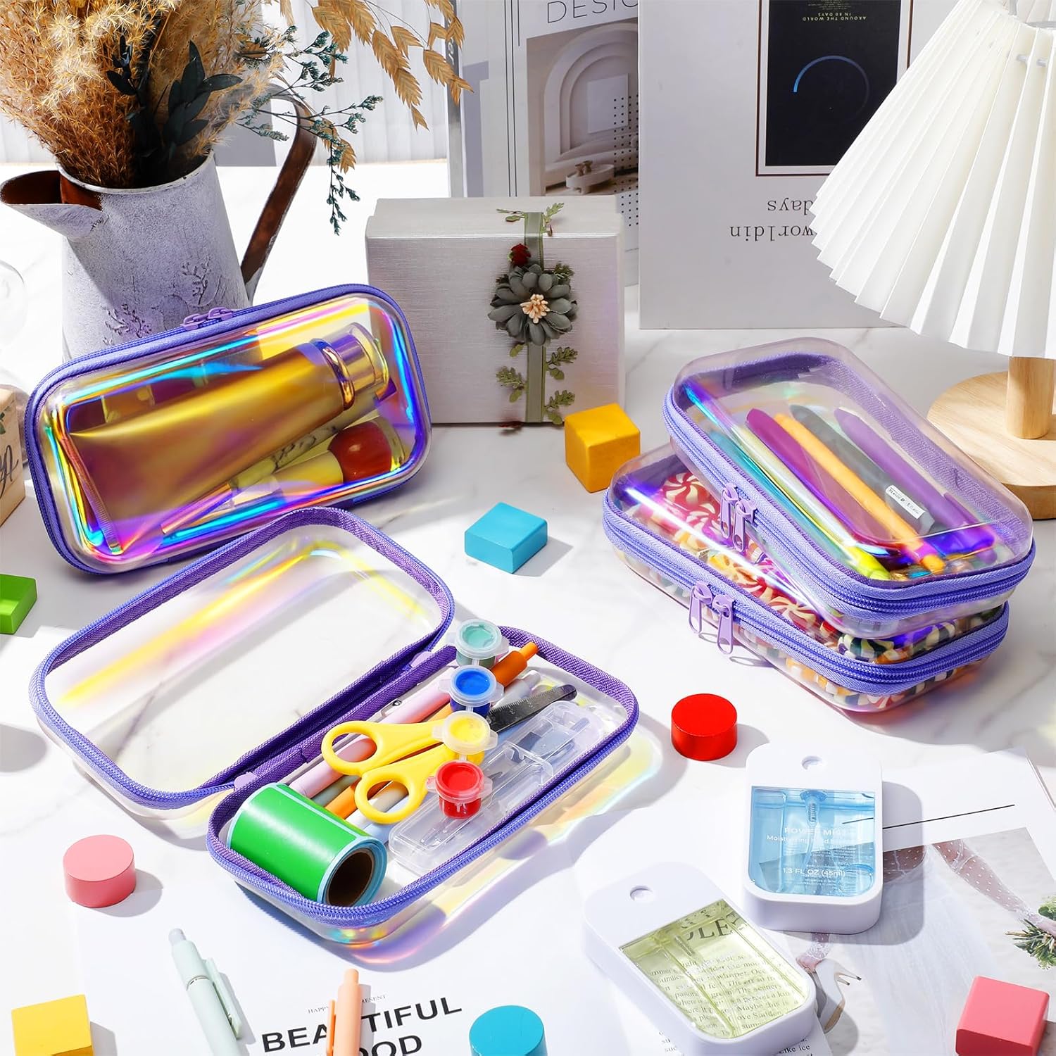 Hoolerry 4 Pcs Hard Clear Zipper Case Makeup Bags Plastic Pencil Pouch Transparent Storage Box Containers for Cosmetics, Snacks, Building Blocks, Puzzles(Purple Laser,7.5 x 3.9 x 2 in)-FemmiqueWomen