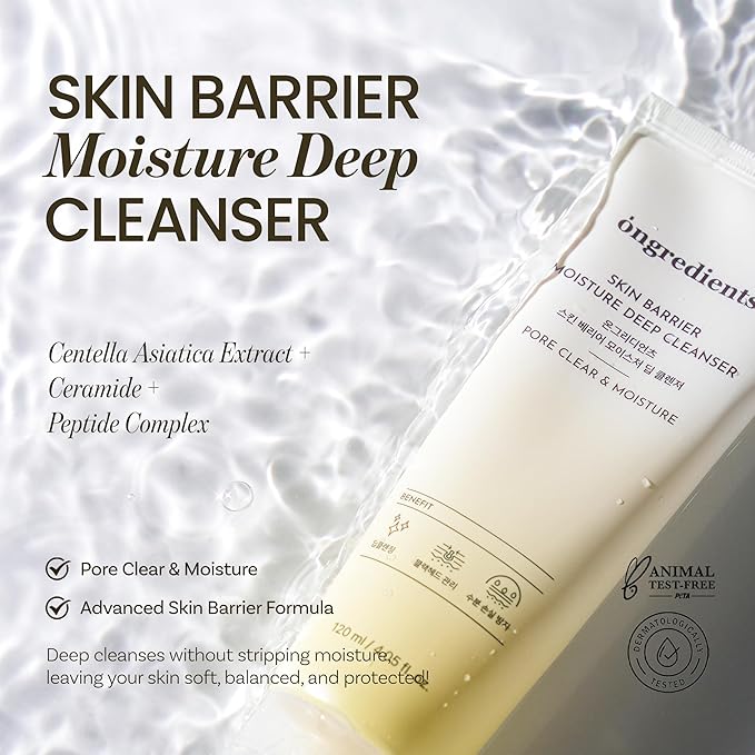 ONGREDIENTS Skin Barrier Moisture Deep Cleanser | Daily Face Wash for All Types | Centella, Peptide, AHA, LHA, Hydrating, Soothing, Pore Tightening | Vegan, Korean Skin Care 4.06 fl Oz-FemmiqueWomen