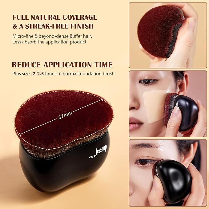 Jessup Foundation Brush with Makeup Sponge, Black Makeup Brush Flat Top Kabuki Brush for Liquid Blending Stippling, T881-FemmiqueWomen