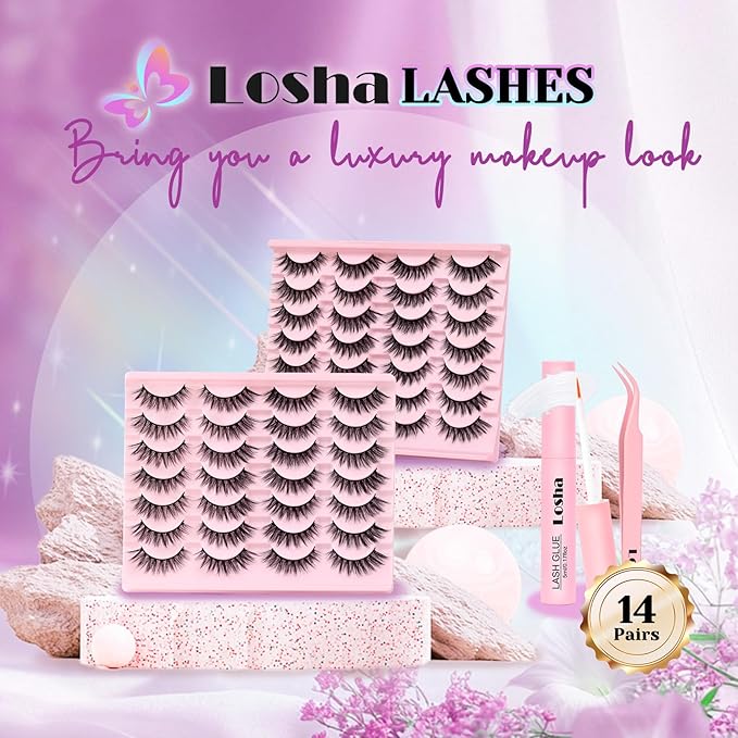 Losha Lashes Wispy False Eyelashes Natural Cat Eye Lashes Kit with Lash Glue and Lash Tweezers 14 Pairs Short Fake Eyelashes Soft Thin Faux Mink Lashes Pack (Lighter)-FemmiqueWomen