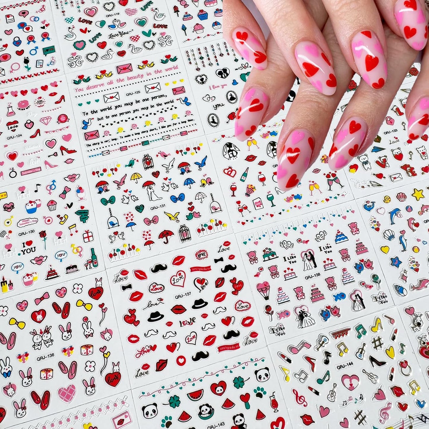 30 Sheets Heart Valentine Nail Art Stickers Decals 3D Self-Adhesive Pegatinas Uñas Red Heart Nail Decals Red Lips Rose Nail Supplies for DIY Acrylic Nail Art Decoration for Women and Girls-FemmiqueWomen