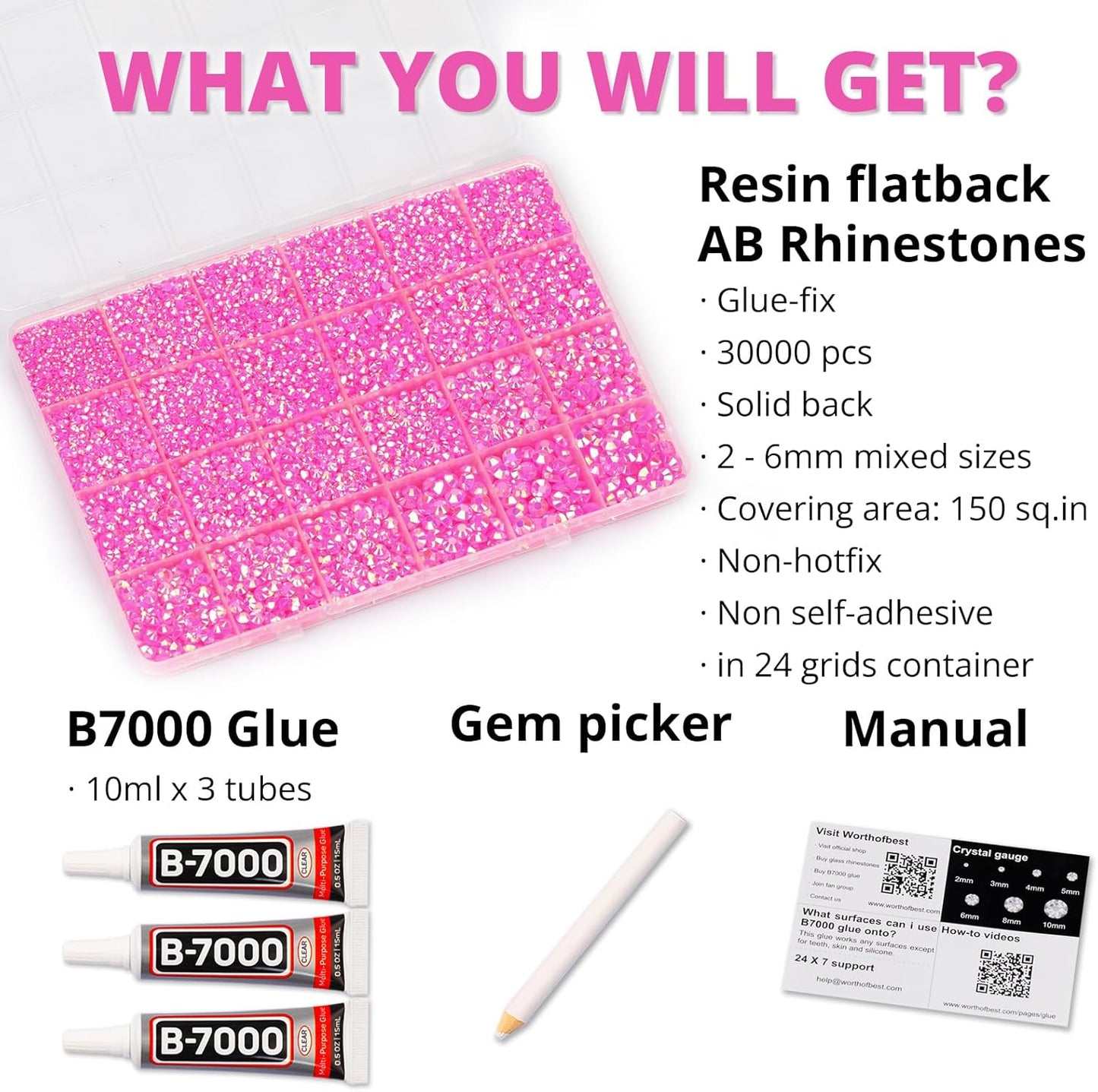 30000Pcs Resin Jelly Rhinestones Set for Crafting Bedazzling, Hot Pink AB Flatback Gems Jewels for Crafts Clothes Shoes Fabric Outfit Makeup, Flat Back Crystal 2-6mm with b 7000 Glue-FemmiqueWomen