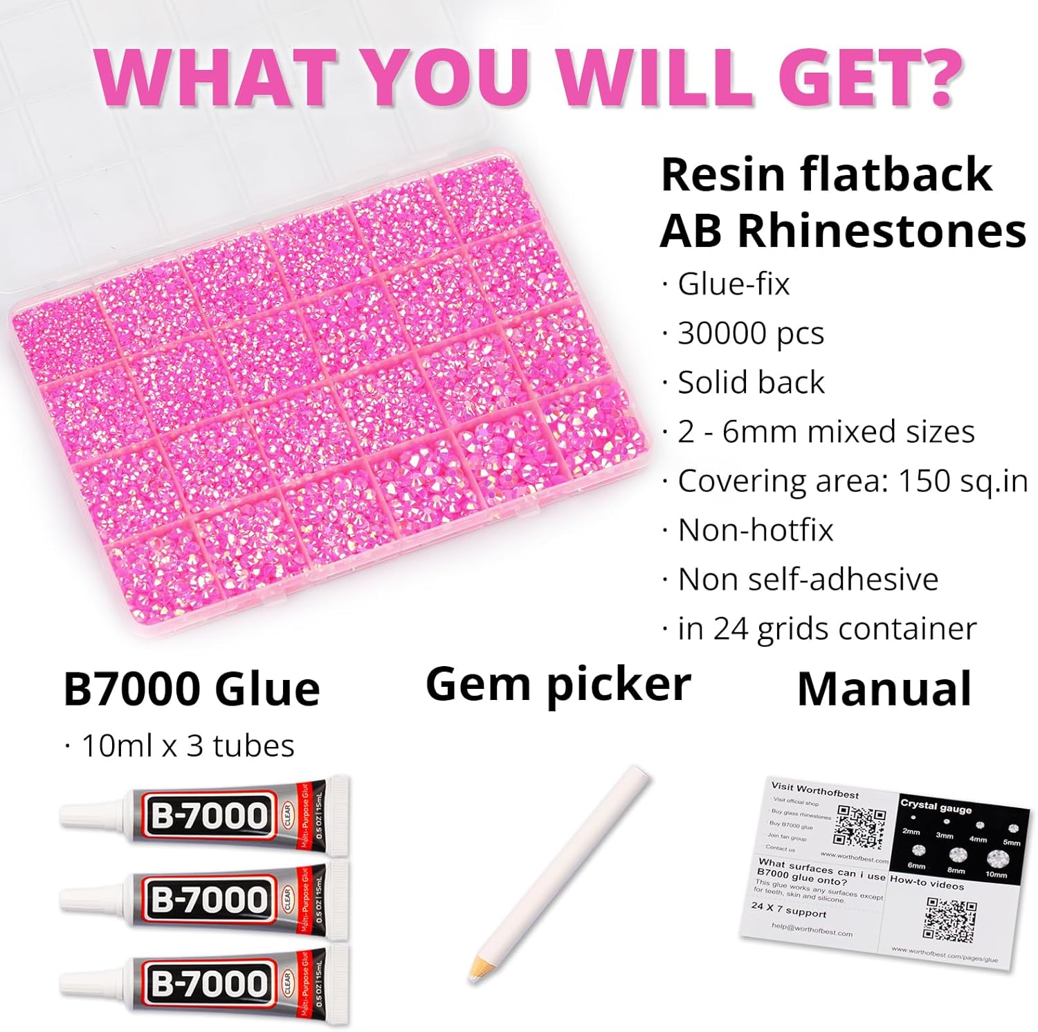 30000Pcs Resin Jelly Rhinestones Set for Crafting Bedazzling, Hot Pink AB Flatback Gems Jewels for Crafts Clothes Shoes Fabric Outfit Makeup, Flat Back Crystal 2-6mm with b 7000 Glue-FemmiqueWomen