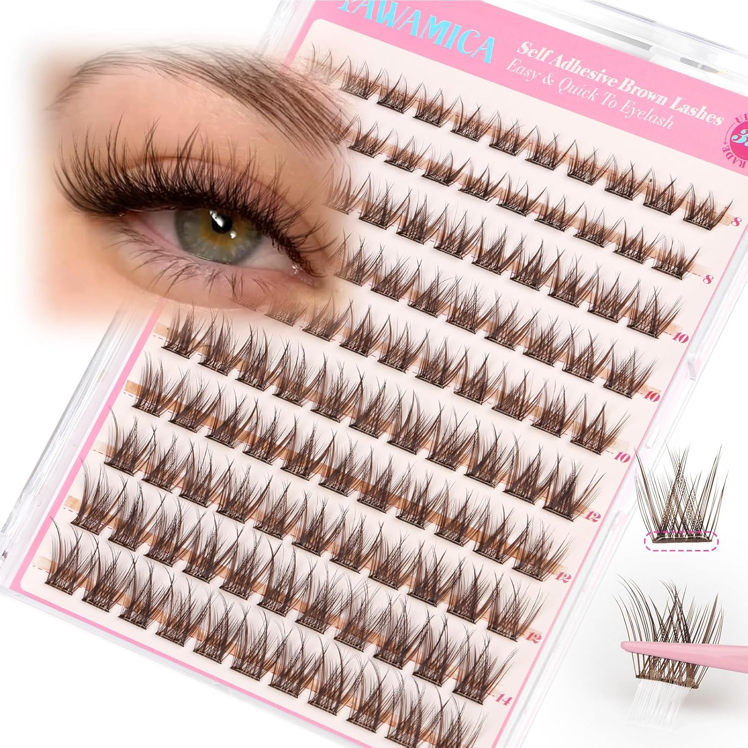 Yawamica Self Adhesive Eyelashes Brown Lash Clusters No Glue Needed Press on Lashes Reusable Pre-glued Eyelash Clusters 8-14mm Wispy Individual Lashes C Curl Cluster Lashes DIY Brown Lash Extension-FemmiqueWomen