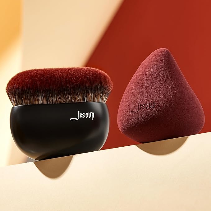 Jessup Foundation Brush with Makeup Sponge, Black Makeup Brush Flat Top Kabuki Brush for Liquid Blending Stippling, T881-FemmiqueWomen