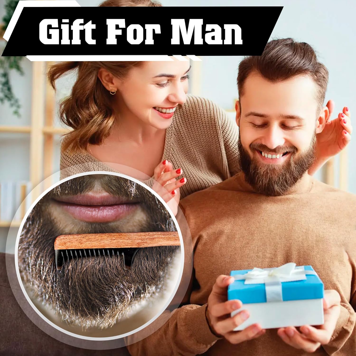 2-in-1 Beard Comb & Brush - Mustache & Beard Comb for Men. Handcrafted from Solid Wood, Buffalo Horn, and Cow Tail Hair. Comes in a Box, Perfect for Gifting.-FemmiqueWomen