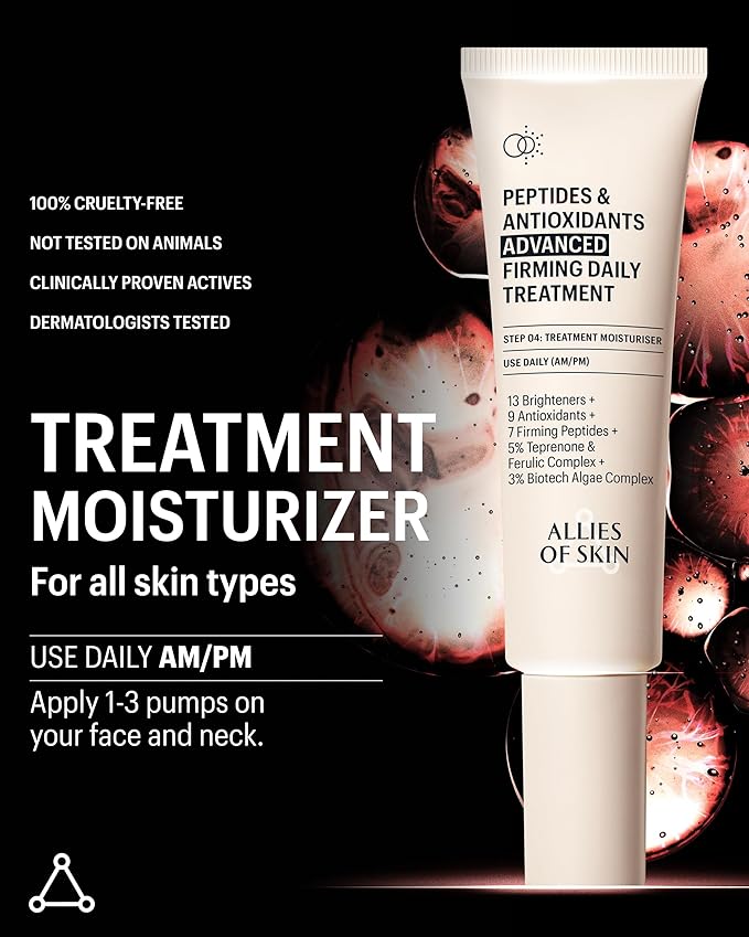 Allies of Skin Peptides & Antioxidants Advanced Firming Daily Treatment with 13 Brighteners, 9 Antioxidants, 7 Firming Peptides, 5% Teprenone & Ferulic Complex and 3% Biotech Algae Complex 48ml/1.6oz-FemmiqueWomen