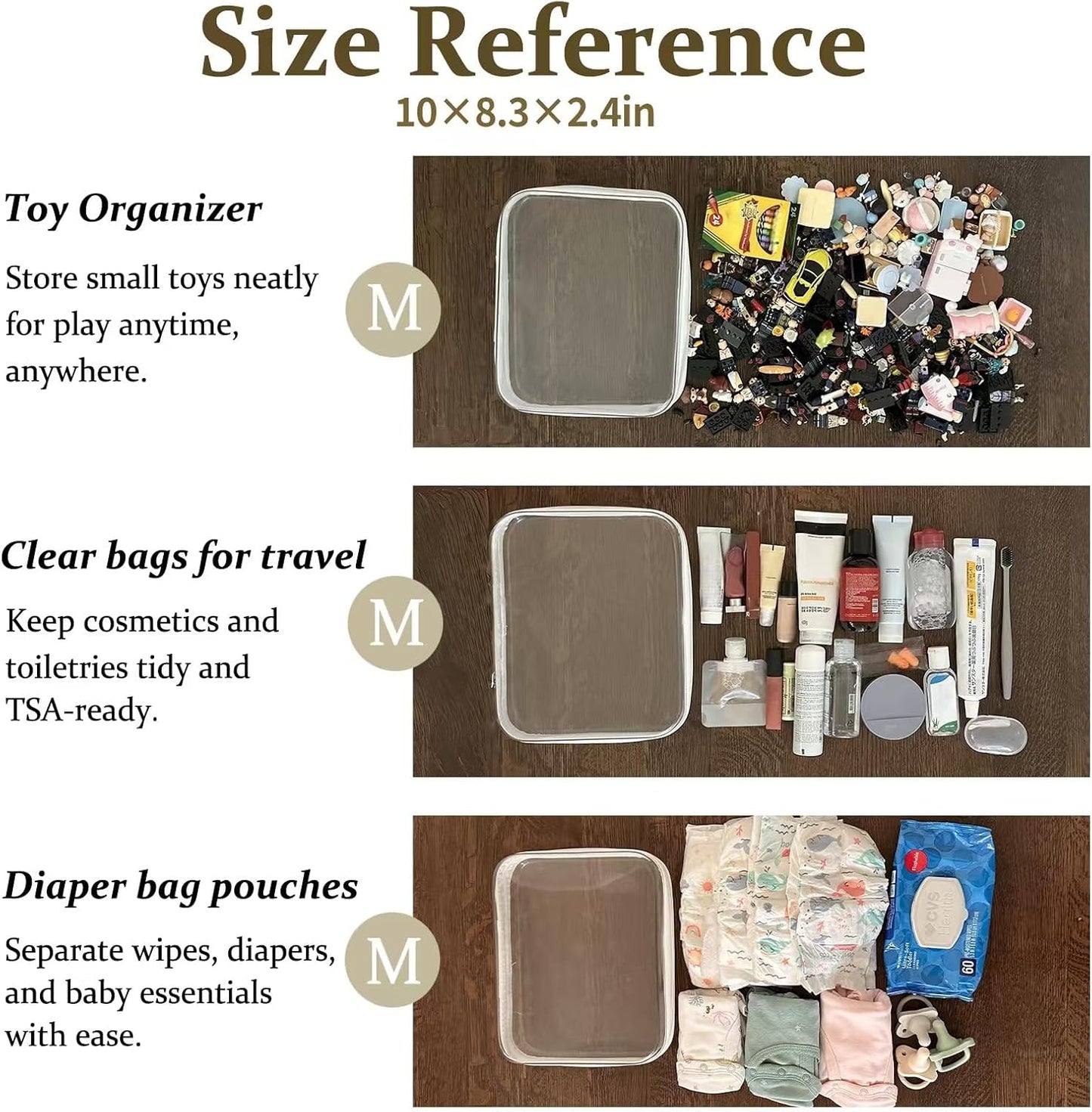 4 pcs Clear Zipper Pouches,Hard Shell Zipper Case, Toiletry Bag for Travel, CLear Diaper Bag, Toiletry Pouch, Travel Organizer, Clear Cosmetic Bag,Toy Storage Bins (M+3S)(Black)-FemmiqueWomen