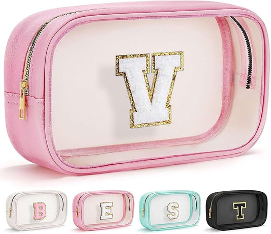 YOOLIFE Initial Travel Essentials Makeup Bag, Make Up Bag Skin Care Clear Toiletry Bag Pouch Cosmetic Bag Case Large Makeup Bag Personalized Pink Birthday Gifts for Women Teacher Mom Teen Friends V-FemmiqueWomen