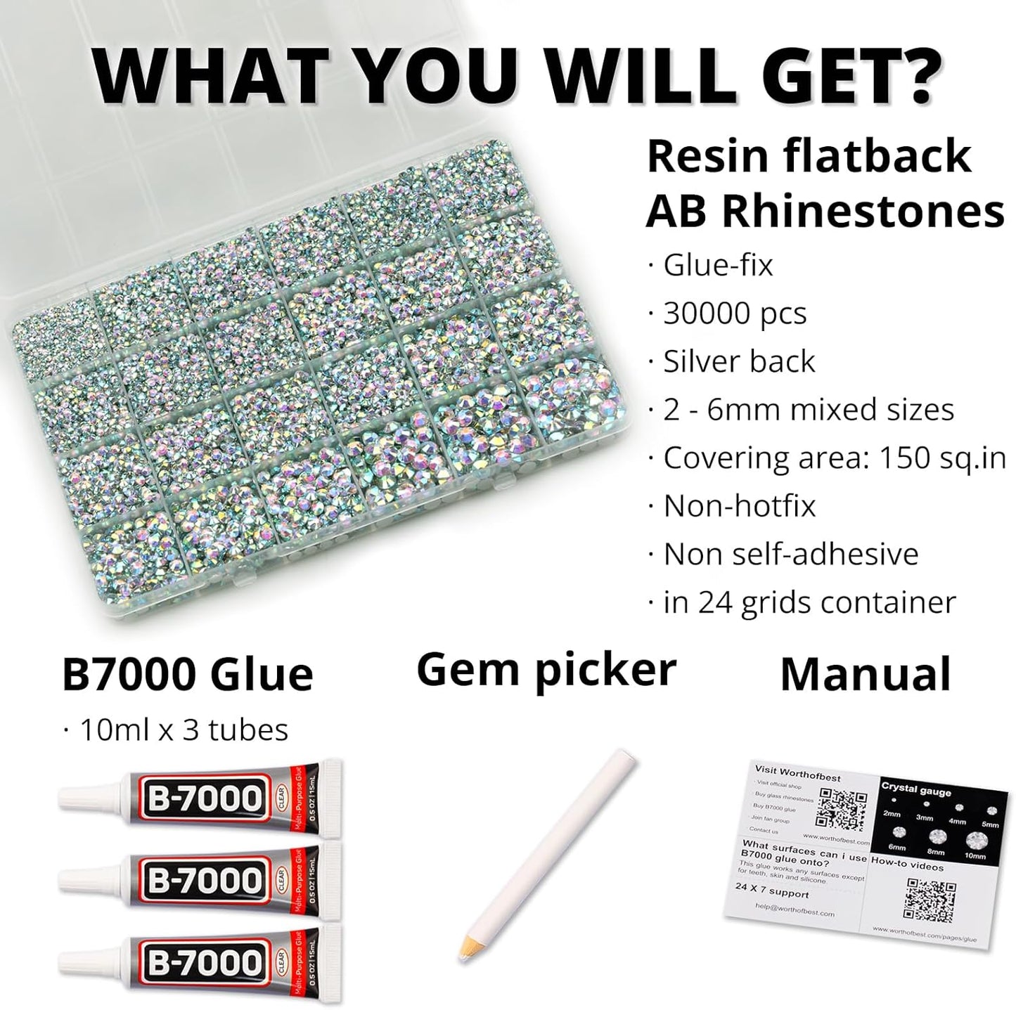 30000Pcs Resin Rhinestones Set for Crafting Bedazzling, Crystal ab Iridescent Flatback Gems Jewels for Crafts Clothes Shoes Fabric Outfit Nails Makeup, Flat Back Crystal 2-6mm with b 7000 Glue-FemmiqueWomen