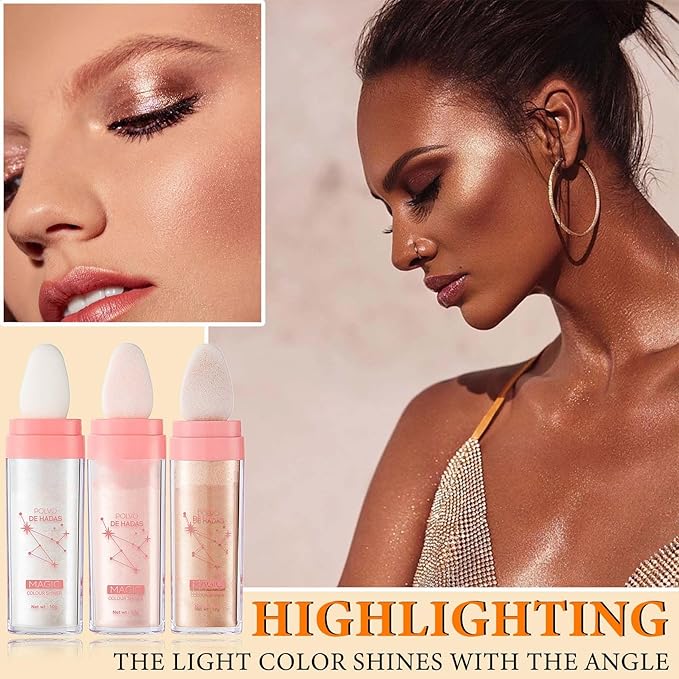 3 Pcs Polvo De Hadas,Fairy Hightlighter Stick Face Blusher Patting Polvo De Hadas Powder Highlighter Makeup,Natural Body Brightens Three-dimensional Body Glitter Stick-FemmiqueWomen