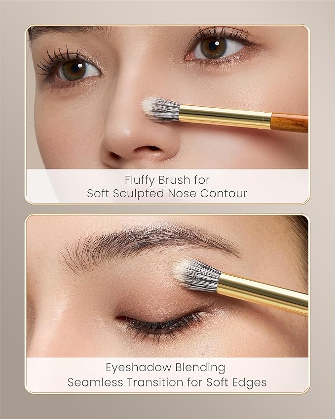 Desert Oak Series Stippling Brush - Dual-Length White & Gray LambsGoat Hair Bristles, Sloped Edge for Cream/Powder Perfection, Ebana Handle & Brass Ferrule (CM 168)-FemmiqueWomen