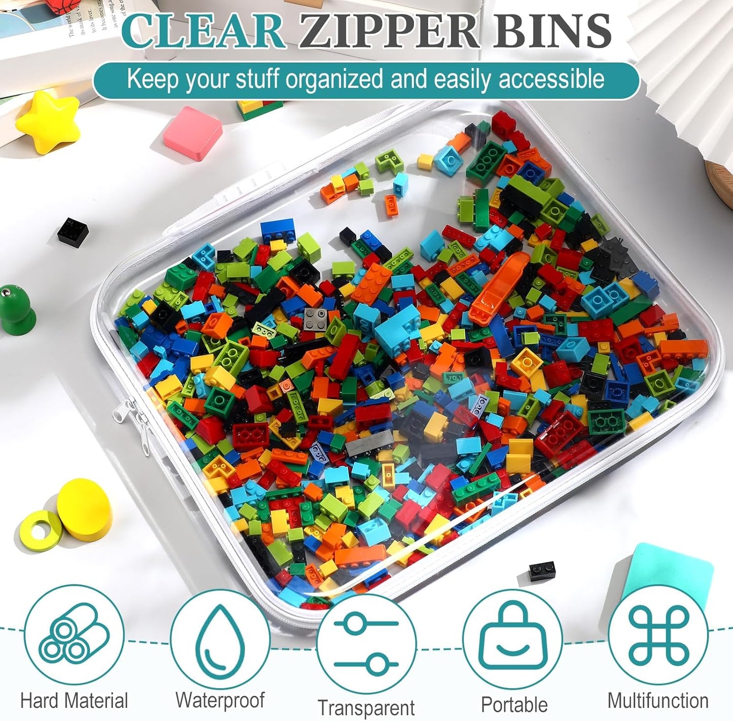 Sanwuta 4 Pcs Clear Hard Zipper Case with Handle Office Storage Cases Hard Plastic Pouches Transparent Bins for Toys, Snacks, Cosmetics, Building Blocks, Puzzles(13.8 x 11.8 x 2 Inches,White)-FemmiqueWomen