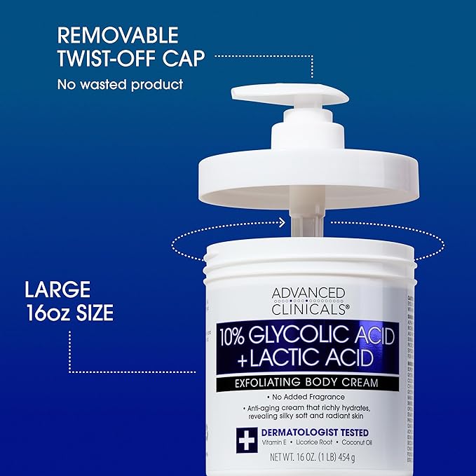 Advanced Clinicals 10% Glycolic Acid + Lactic Acid Lotion Exfoliant Moisturizing Cream With Hyaluronic Acid Moisturizer | AHA Exfoliating Body Cream Improves Look Of Uneven Rough Skin Texture, 16 Oz-FemmiqueWomen