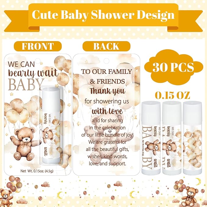 30 Pack Bear Baby Shower Party Gifts Favors Gifts Bulk Lip Balms for Guests Woman Man Entertainment Neutral Gender Reveal Favors Baby Shower Prizes Souvenirs Baby Gift Bags Stuffers-FemmiqueWomen