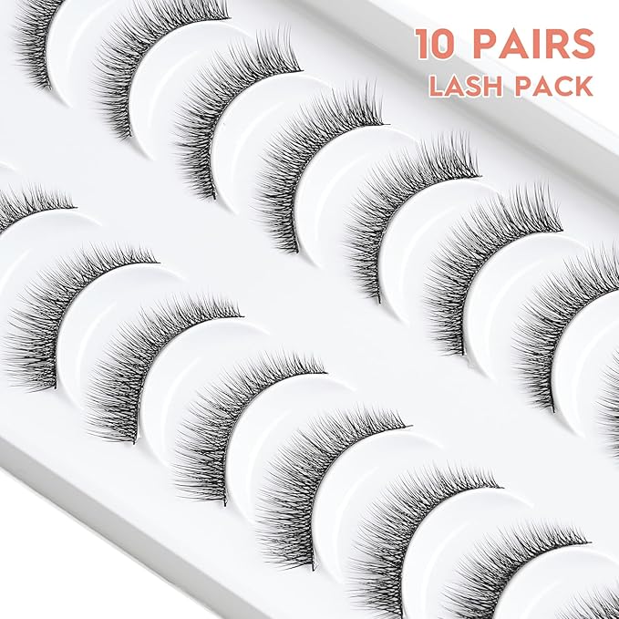 Natural Lashes 7MM Extra Short Eyelashes Natural Cat Eye Lashes 10 Pair False Eyelashes Wispy Eye Lashes Pack C Curl Strip Lashes 3D Volume Short Lashes Siligli Eyelashes-FemmiqueWomen