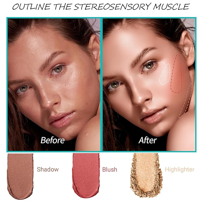 3Pcs Cream Contour Stick, with Highlighter Stick Milk Bronzer Stick Blush Stick, Face Contour Stick with Makeup Brush and Sponge, Easy to Sculpt the Face, Long Lasting, Waterproof-FemmiqueWomen