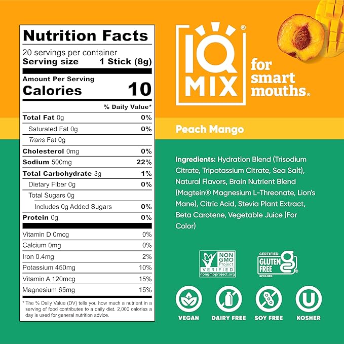 IQMIX Hydration Electrolyte Powder – 4-in-1 Formula for Hydration, Mental Clarity, Mood and Recovery – Sugar-Free Drink Mix, Keto, Magnesium L-Threonate, Lion’s Mane – 20 Count Peach Mango-FemmiqueWomen