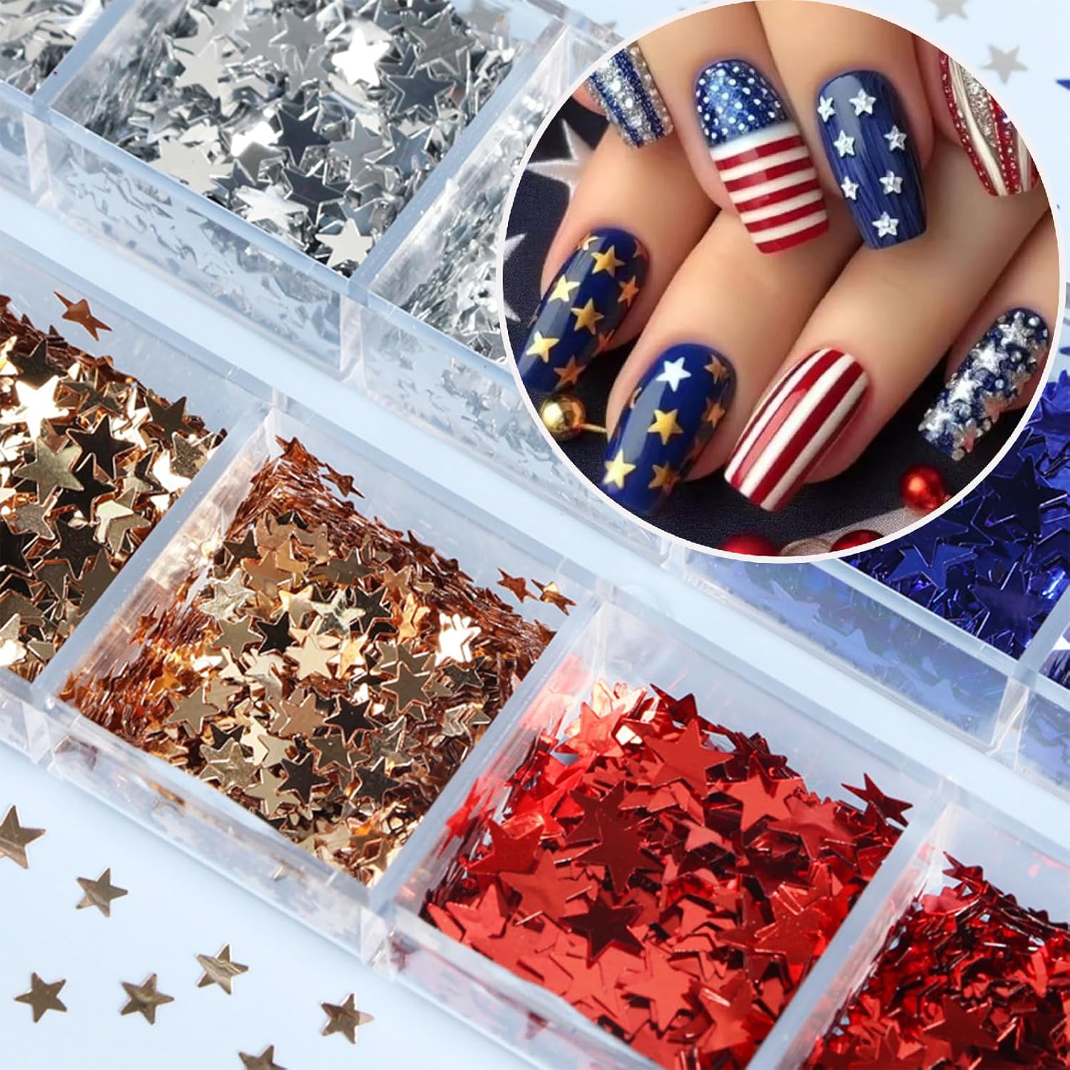 12 Grids Independence Day Nail Sequins，3D Holographic Nails Glitter Laser Star Nail Shining Flakes for Fourth of July Five-Pointed Star Mixed Sequins for America Patriotic Face Makeup Nail Decoration-FemmiqueWomen