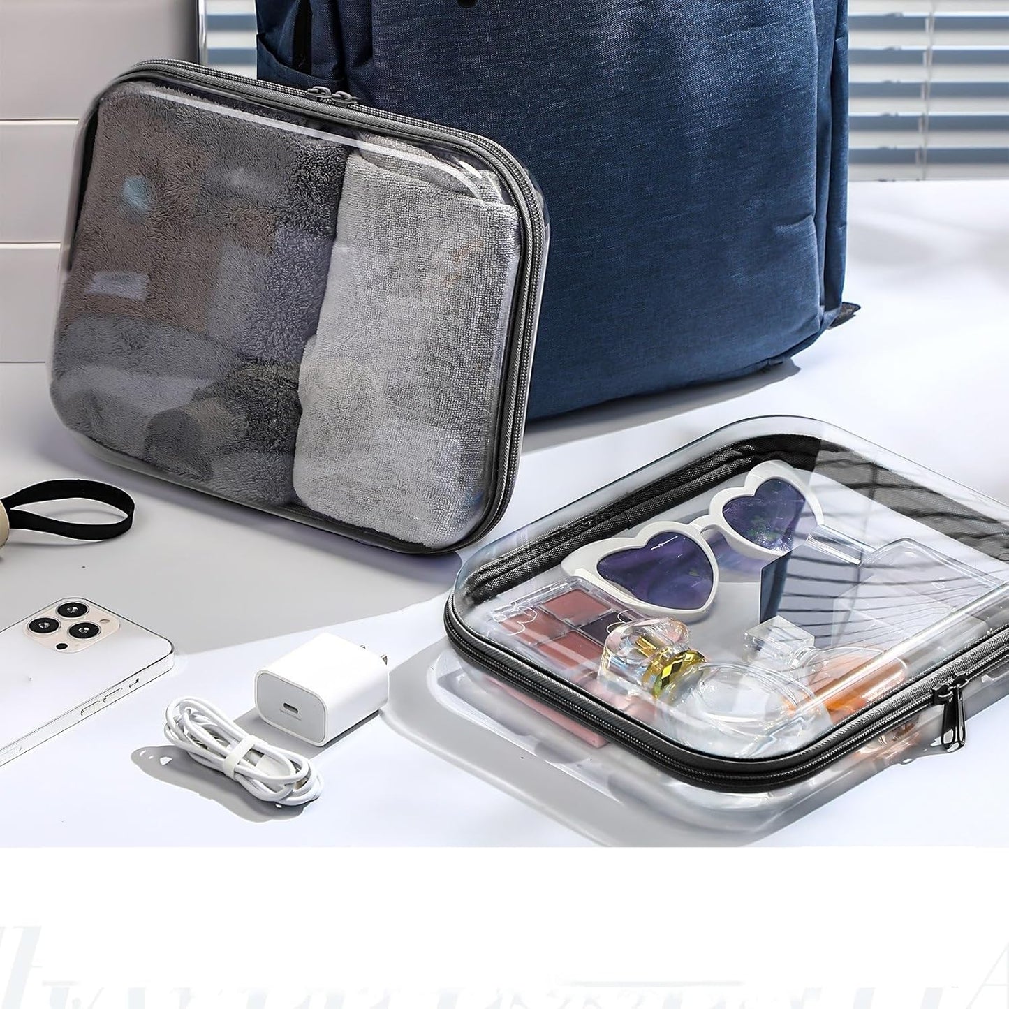 Hoolerry 3 Pcs Clear Hard Zipper Case Plastic Pouch Transparent Hard Case Clear Makeup Bag Portable Travel Organizer Bin for Cosmetics, Building Blocks, Puzzles(Black,M)-FemmiqueWomen