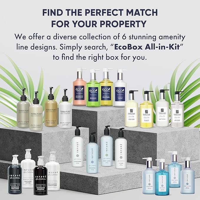 1-Shoppe Infuse 40 Piece Ecobox All-In-Kit | White Tea and Coconut Soap | 12 Shampoo, 8 Conditioner, 12 Body Wash & 8 Lotion | 10oz Hotel Soaps and Toiletries Bulk | Personal Care Products-FemmiqueWomen