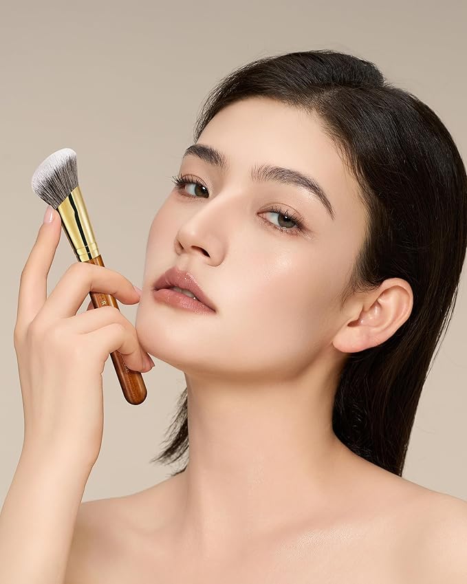 Desert Oak Series SlopeBlur Stipple Brush - Angled Nylon Bristles for Seamless Cream/Liquid/Powder Blending, Contour & Blush Application, Bubinga Handle (CM 192)-FemmiqueWomen