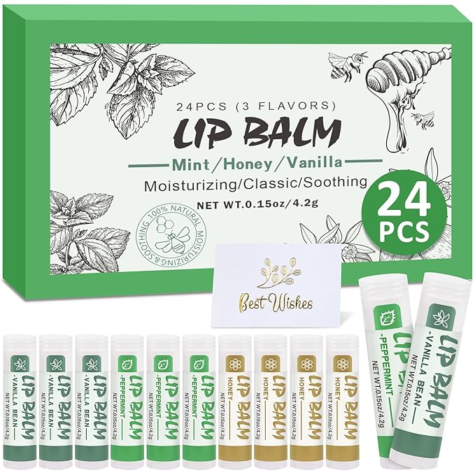 24 Pack Lip Balm Bulk, Vanilla Mint Honey, 100% Natural Lip Balm with Vitamin E and Coconut Oil, Moisturizing Lip Balm for Dry Lips-FemmiqueWomen
