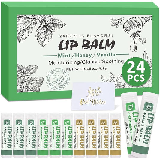 24 Pack Lip Balm Bulk, Vanilla Mint Honey, 100% Natural Lip Balm with Vitamin E and Coconut Oil, Moisturizing Lip Balm for Dry Lips-FemmiqueWomen