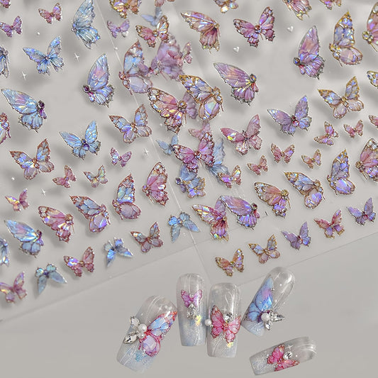 2 Sheets Butterfly Nail Art Stickers 5D Embossed Self-Adhesive Pink Aurora Sparkling Butterfly Nail Decals Designs for Women Girls DIY Nail Decoration-FemmiqueWomen