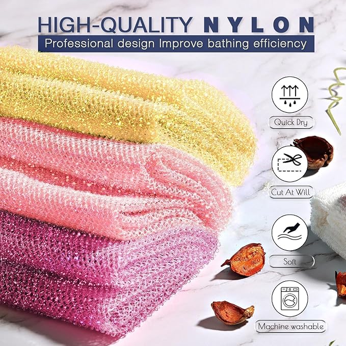 3 Piece Bright Style African exfoliating net Exfoliating Shower Set Long Bath Sponges for Smooth, Refreshed Skin, The Exterior Gleams - Ideal for Daily Use (Bright Yellow, Pink, Purple)-FemmiqueWomen