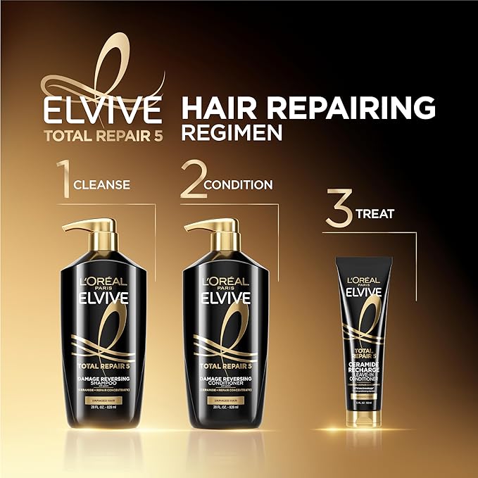 L'Oreal Paris Elvive Total Repair 5 Repairing Shampoo and Conditioner for Damaged Hair, 28 Ounce (Set of 2)(Packaging May Vary)-FemmiqueWomen