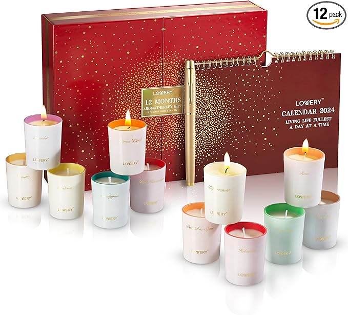 Womens Gifts, Candle Gifts for Women with 2024 Wall Calendar, 12 Unique Scented Aromatherapy Soy Candles & Gold Pen, 12 Month Advent Calendar, Home Candle Birthday Gift Set for Women & Men-FemmiqueWomen