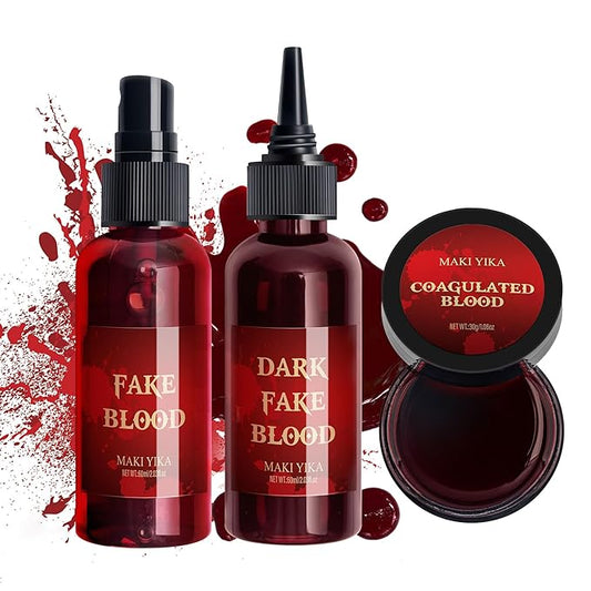 3Pcs Halloween Fake Blood Makeup Kit Realistic SFX Makeup Set - Blood Spray 2.03oz + Coagulated Blood 1.06oz + Dripping Blood 2.03oz, Edible Washable Special Effects Faux Blood for Zombie Vampire-FemmiqueWomen