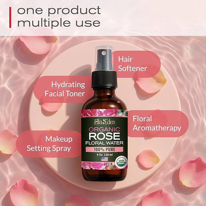 Ella & Eden Organic Rose Water Spray for Face, Hair 4 Fl Oz | USDA Certified 100% Pure Steam Distilled Hexane-Free | Hydrating, Refreshing Facial Mist for All Skin Types-FemmiqueWomen