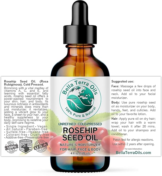Bella Terra Oils - Organic Rosehip Oil 4 oz - Hailing from The Finest Rosa Mosqueta, Abundant in Omega-6 & Omega-3 Fatty Acids, Pure Radiance for Face-FemmiqueWomen